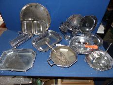 A box of plated ware including cake stand, cake slice, trays etc.
