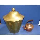 A brass coal bucket with liner, 19" tall and a copper kettle.