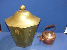 A brass coal bucket with liner, 19" tall and a copper kettle.