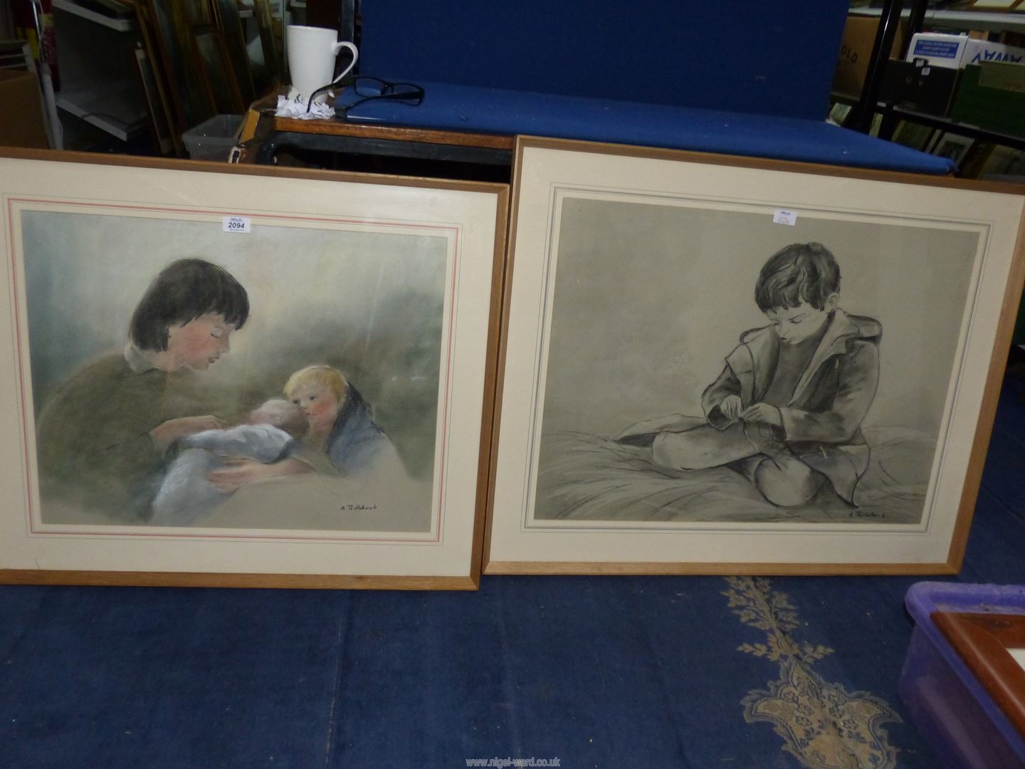 Two framed and mounted Ann Thistlewaite pastel drawings to include Mother and her two children and