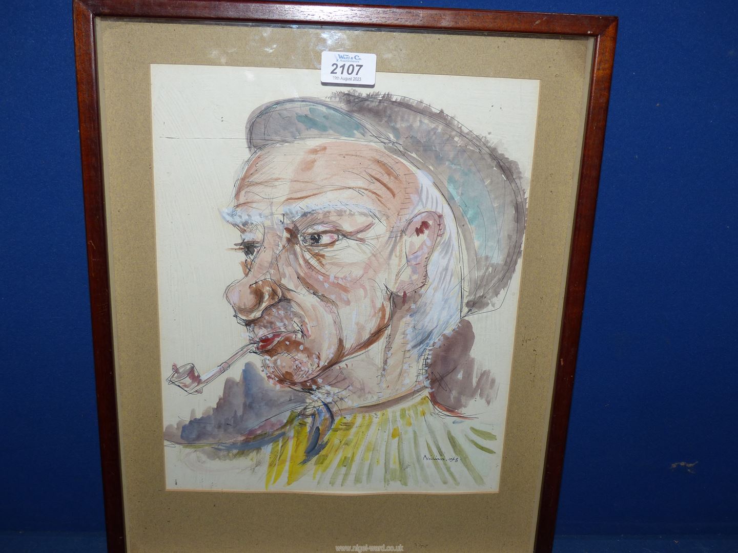 A Gouache portrait of a character with a pipe, signed Ninian and '68', from a Connemara sketchbook.