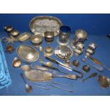 A quantity of plated items including cake tongs, fish server, small souvenir Tyg, card trays etc.