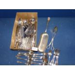 A quantity of plated Kings pattern cutlery plus cake tongs etc.