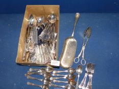 A quantity of plated Kings pattern cutlery plus cake tongs etc.