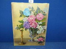 An unframed Oil on canvas of vase of flowers and candlestick still life,