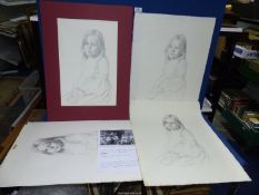 A box of four Pencil sketches depicting Natalie Clarke, Miss Pears 1973, by Michael Noakes,