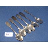 Six silver fiddle back Teaspoons,r Newcastle but date marks rubbed, with monogram of a capital 'H',