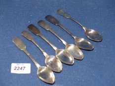 Six silver fiddle back Teaspoons,r Newcastle but date marks rubbed, with monogram of a capital 'H',