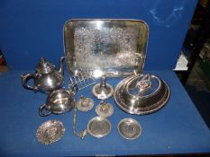 A quantity of plated items including entree dish, sugar bowl, teapot, toast rack, souvenir pipe,