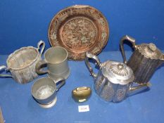 A plated three piece teaset, two Pewter tankards,
