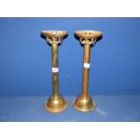 A pair of brass candlesticks converted to electric lamps, 16'' tall.