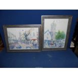 Two framed Prints of Abergavenny town centre by G.A.J. Harris, 18" x 14".