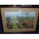 An Oil painting of a countryside track leading from a walled enclosure, initialled BH.