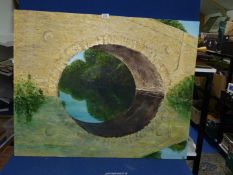 A large unframed Oil on canvas depicting a River landscape as seen from the arch of a stone bridge,
