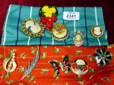 Ten brooches including butterfly, bouquet, cameos etc.