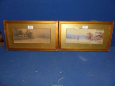 Two framed and mounted oriental watercolours of river landscapes and houses.