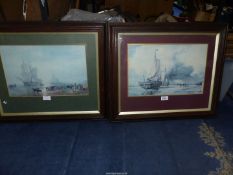 A pair of maritime Prints with cargo being unloaded on the beach.