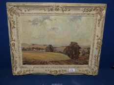 An ornate framed Oil on board depicting a country landscape titled verso "Open Country" by Vera