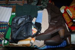 A box of crochet blankets, plus a pair of 'Gabor' boots, size: 5 in brown, and Handbags.