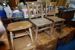 Two kitchen chairs and a chair converted to a stool.