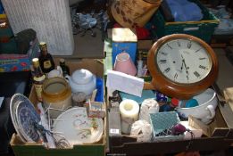 Three boxes of miscellaneous including Bell's whiskey, other drink, tins, an old wall-clock,
