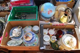 Three boxes of miscellaneous including mixed china, 'Mickey mouse' clock, globe, cutlery,