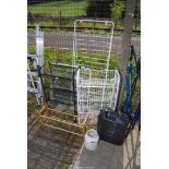 Two vegetable racks, clothes airer, shoe rack, and military water container.