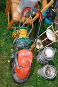 Flymo Lawn mower (as seen), hose and reel.