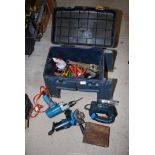 A tool chest with 'Black & Decker' electric drill, a 4" angle grinder, and jigsaw, etc.