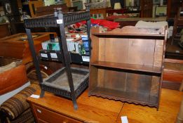 An Oak stick stand with metal tray and Oak kitchen shelves.