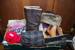 A 'Barbour' hat, 'Dubarry' skirt, Size:10, 'Hunter' Wellington Boot socks, scarves,