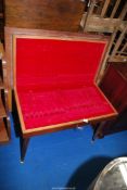 A velvet lined Mahogany cutlery table with lift up lid, key present.