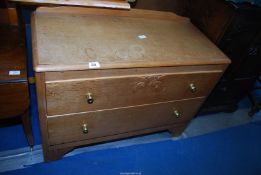 Two drawer Oak finished chest of drawers - 3' wide x 16" depth x 27" high.
