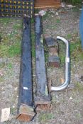 Two Cast Iron drain pipes, 4" x 3" x 6' long, with shoots plus a Toyota chrome bar.