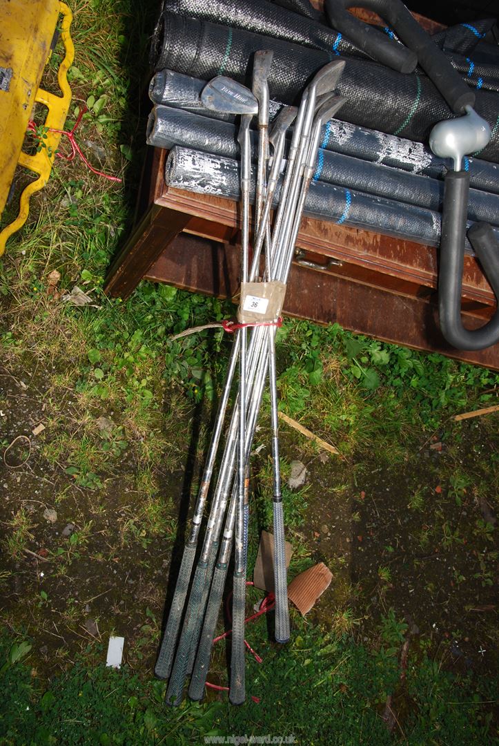 Eight metal golf clubs.