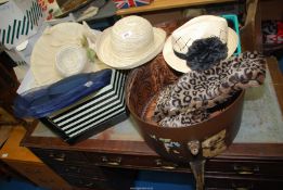 Miscellaneous wedding hats, hats' in box, and a box.