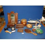 A quantity of miscellanea including letter rack, hand mirror with wooden back and handle,