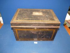 A metal deed box. 18" x 11".