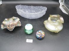A small quantity of glass including squat vaseline glass vase,
