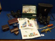 A small quantity of miscellanea including pair of 8 x 40 Miranda binoculars, letter opener, stamps,