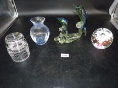 A quantity of glass to include a Murano glass sculpture having two blue and aqua dolphins leaping