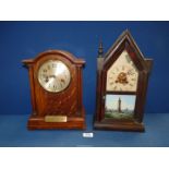 Two wooden cased mantle Clocks; one having Roman numerals, a presentation plaque, key & pendulum,