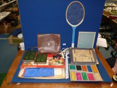 A quantity of vintage items to include; child's leather satchel, tennis racket, picture frame,