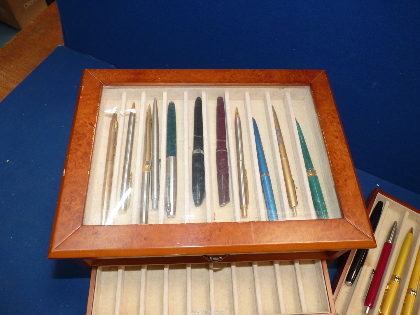 A glass topped drawer cabinet with assorted pens including; Osmiroid with 14k nib, - Image 2 of 3