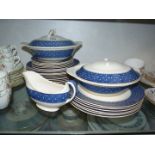 A Ridgway 'Conway' blue spot dinner set, including six dinner plates, two lidded tureens,