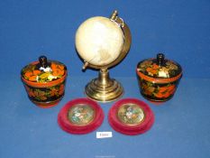 A pair of Oriental lacquer jars and lids decorated in strawberry pattern (5" diameter),