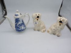 A pair of Beswick Mantle Dogs and a blue and white Ridgeway jug.