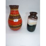 A vintage German baluster vase with raised bands of red and brown decoration, 10" tall,
