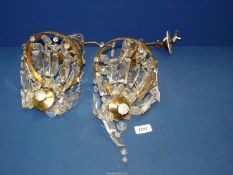 A pair of early 20th Century circular gilt brass and drop crystal ceiling light fittings.