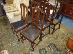 A set of six 1940/50's dark Oak framed Dining Chairs having turned front legs and with Rexene